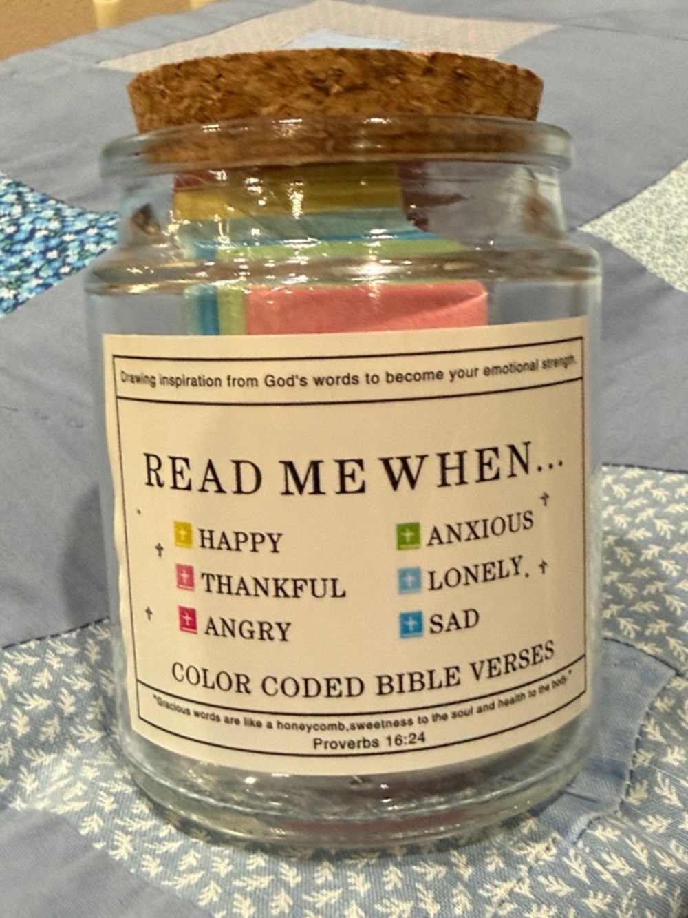 Color Coded Bible Verses in Corked Glass Jar - Multicolor